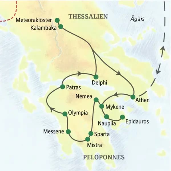 Reiseroute der klassischen Rundreise ab und bis Athen mit den Sehenswürdigkeiten: Mykene, Olympia, Delphi und Meteora. Die Studienreise gibt Ihnen einen umfassenden Einblick in die Highlights von Griechenland.