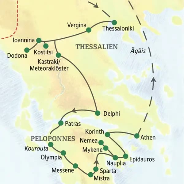 Wichtigste Stationen dieser Rundreise durch Griechenland: Thessaloniki, Vergina, Ioannina, Dodona, Meteoraklöster, Delphi, Olympia, Messene, Mistra, Mykene, Epidauros, Nauplia, Athen.