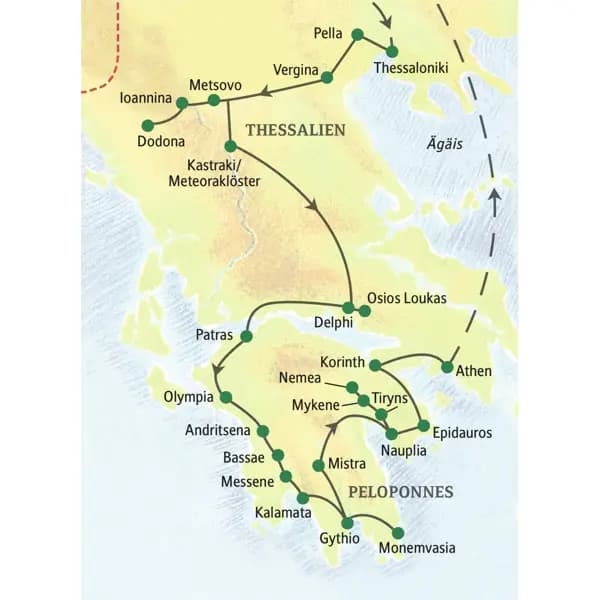 Die Reiseroute unserer klassischen Studienreise führt von Thessaloniki u.a. über Dodona, die Meteoraklöster, Delphi, Olympia, Nauplia bis nach Athen.