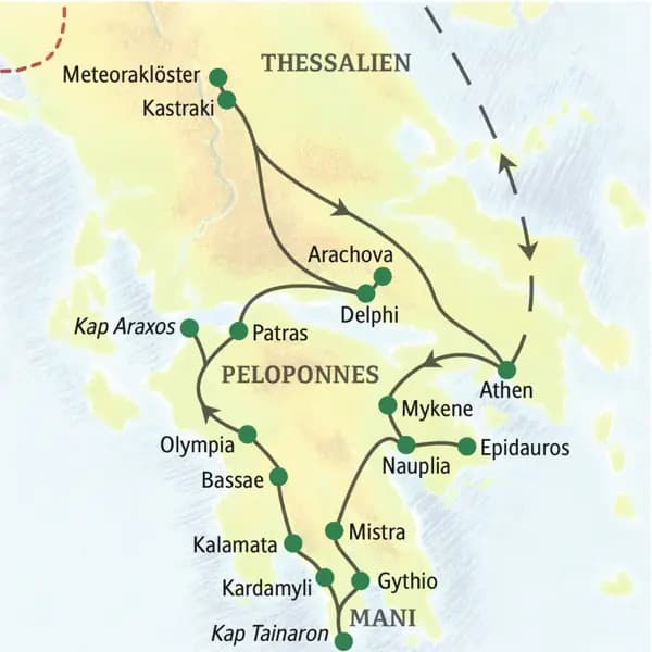 Unsere Reiseroute durch Griechenland startet in Athen und führt über Epidauros, Mykene, Mistras, die Mani, Kalamata und Olympia nach Delphi. Auch die Meteoraklöster erleben Sie auf dieser Wanderreise.