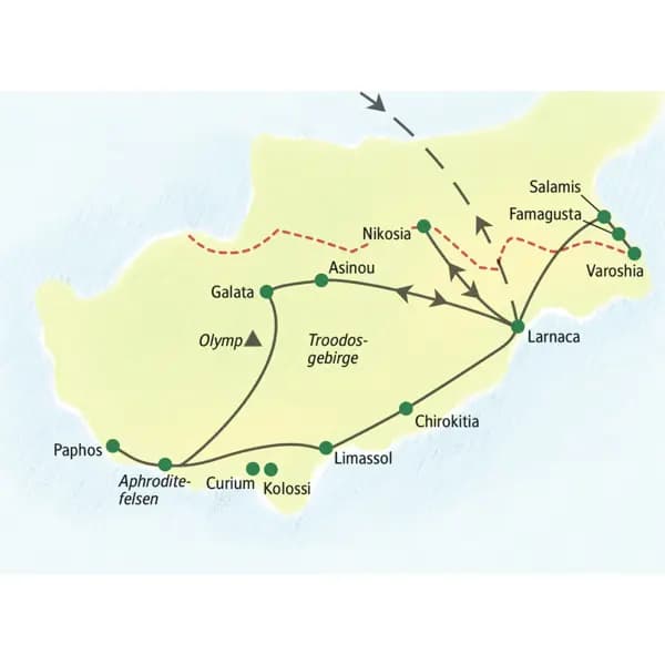 Die Reiseroute über die Insel Zypern startet in Larnaca und führt u.a. über Salamis, Nikosia, Galata, Paphos, Limassol und Chirokitia wieder zurück nach Larnaca.