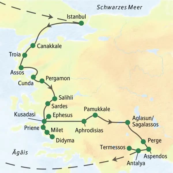 Die Karte zeigt die Route der Klassik-Reise durch die Westtürkei - von Istanbul entlang der Ägäisküste über Pamukkale nach Antalya.