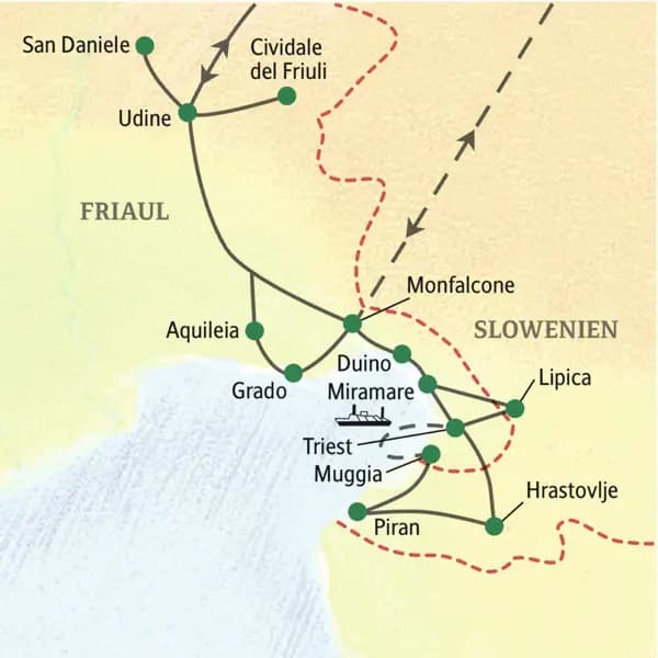 Mit dem Bus oder mit dem Flugzeug geht es zunächst nach Udine ins Friaul, anschließend über Aquileia nach Triest. Ausflüge von dort führen ins slowenische Piran und nach Lipica und zu den Schlössern Duino und Miramare in der Umgebung.