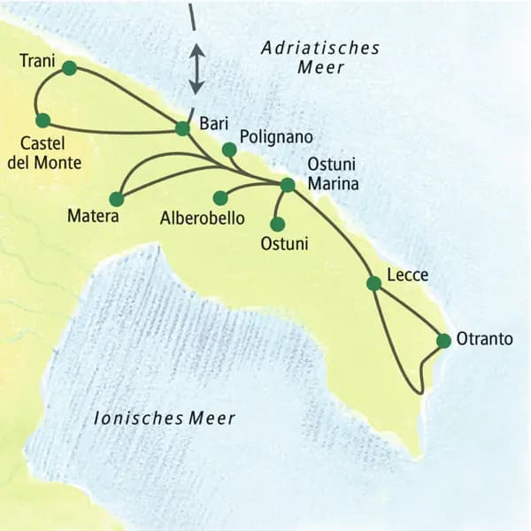 Stationen der Reise nach Apulien sind unter anderem Bari, Ostuni, Lecce, Alberobello und Matera.