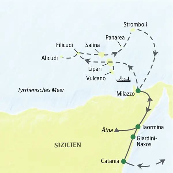 Auf dieser Studienreise lernen Sie alle sieben Äolischen Inseln kennen: Lipari, Stromboli, Vulcano, Salina, Alicudi und Filicudi, plus den Ätna auf Sizilien.