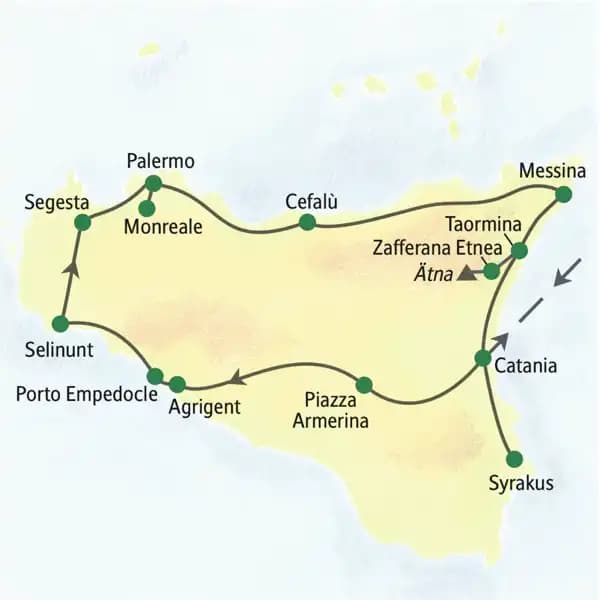 Stationen dieser Studiosus-Reise nach Sizilien sind Palermo, Monreale, Cefalù, Agrigent, Selinunt, Taormina, Syrakus, Catania, Villa Casale und der Ätna