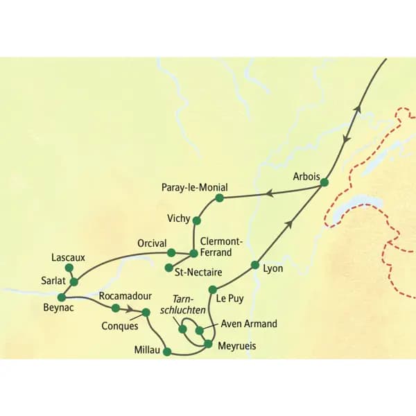 Während unserer Busreise in die Auvergne und in die Feinschmeckerregion des Périgord besuchen wir spektakuläre Landschaften wie den Puy de Dome, grandiose Höhlen wie Lascaux II oder Aven Armand und pittoreske Städte wie Sarlat und Rocamadour.