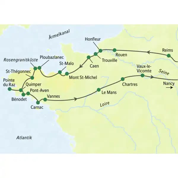 Die Reiseroute der Studienreise in die Normandie und in die Bretagne führt u.a. über Reims, Honfleur, St-Malo, Pointe du Raz, Carnac,Vannes und Chartres nach Nancy.