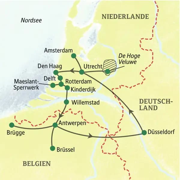 Auf dieser Studienreise entdecken Sie in zehn Tagen die Höhepunkte der Niederlande und Belgiens, darunter die Metropolen Amsterdam und Brüssel sowie die Kunststädte Delft, Brügge und Antwerpen. Dazu Architektur-Highlights in Rotterdam, ein Ausflug ans Meer sowie zu den Windmühlen von Kinderdijk.