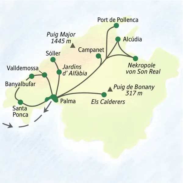 Wichtigste Stationen dieser Studienreise zum Wandern auf Mallorca: Santa Ponca, Alcúdia, Palma, Sóller und Valldemossa.