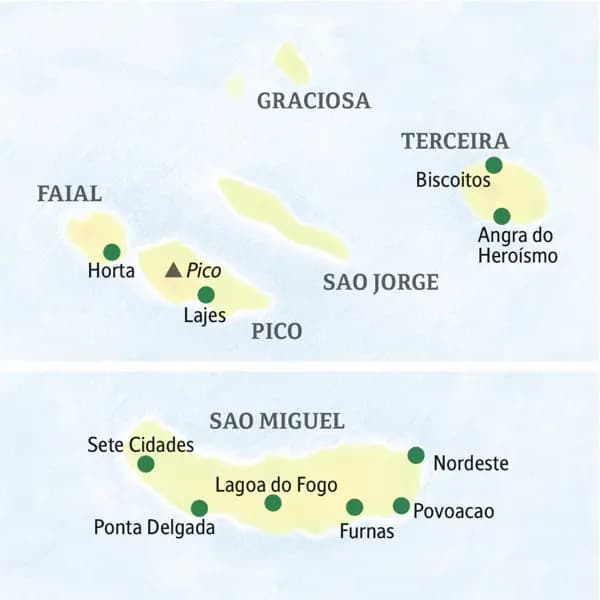 Die Karte zeigt den Verlauf unserer Naturerlebnis-Studienreise zu den Azoren: Sao Miguel, Ponta Delgada, Lagoa do Fogo, Furnas, Faial, Horta, Terceira, Biscoitos, Angra do Heroismo.