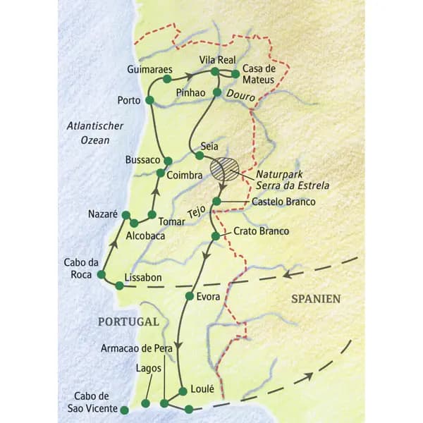 Unsere Wander-Studienreise durch Portugal führt über Lissabon, Cabo da Roca, Nazaré, Alcobaca, Tomar, Coimbra, Bussaco, Porto, Vila Real, Casa de Mateus, Lamego, Seia und Evora nach Faro.