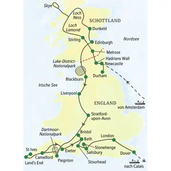 Unsere längste und ausführlichste Studienreise durch Großbritannien: Unterwegs im komfortablen Bus erleben Sie mit Ihrem Studiosus-Reiseleiter die Höhepunkte von England und Schottland in 19 Tagen, von Newcastle über Edinburrgh, Dunkeld, Stirling, Liverpool, Land's End, Exeter, Bath, London bis nach Dover.