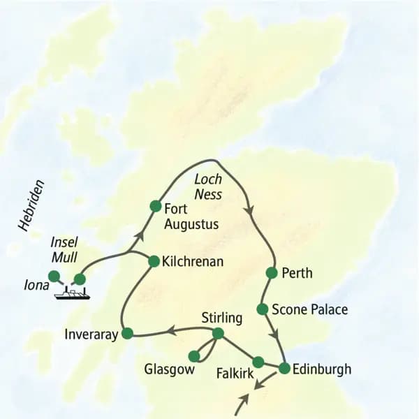 Unsere Reiseroute durch Schottland startet in Edinburgh und führt über Glasgow, Inveraray, Fort Augustus, Perth und Scone Palace zurück zu unserem Ausgangspunkt. Wir besuchen auch die Inseln Mull und Iona.