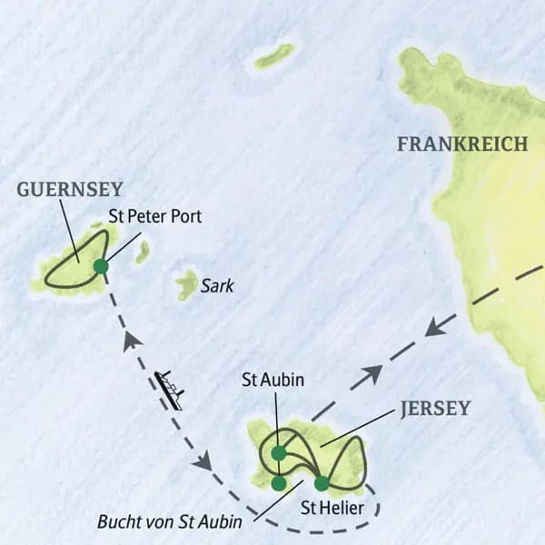 Bei der achttägigen Studienreise auf die Kanalinseln übernachten Sie  auf Jersey in der Nähe von St Aubin. Bei einem Ausflug können Sie  Guernsey erkunden. Optional zubuchbar: ein Ausflug nach Sark.