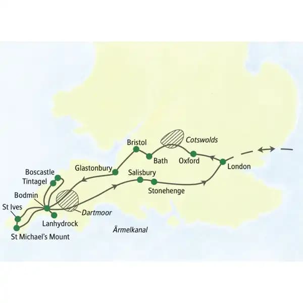 Reiseroute der Studienreise Südengland - im Überblick mit Oxford, Cotswolds, Bath, Salisbury und Stonehenge. Dazu Cornwall mit Tintagel, Lanhydrock und St Ives.