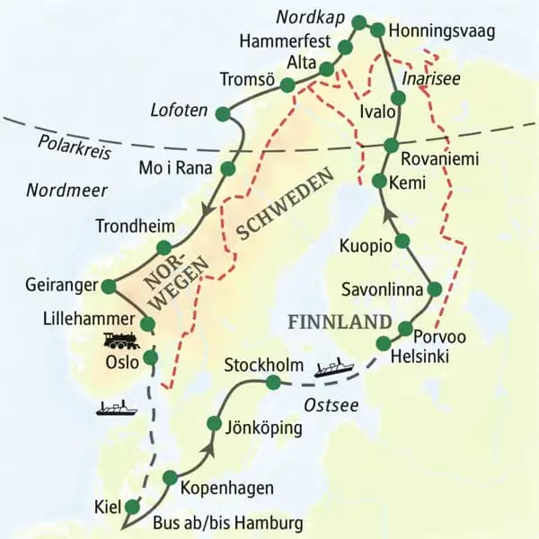 Was für eine fantastische Studienreise: In 22 Tagen im Komfortbus durch Dänemark, Schweden, Finnland und Norwegen zum Nordkap; vier faszinierende nordische Hauptstädte: Kopenhagen, Stockholm, Helsinki, Oslo. Und mit der komfortablen Fähre zurück aus dem Herzen Skandinaviens.