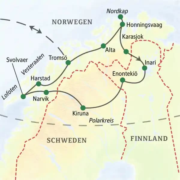 Auf unserer Lappland-Studienreise fahren wir in Norwegen oberhalb des Polarkreises von Bodö nach Kirkenes und machen einen Abstecher nach Finnland.