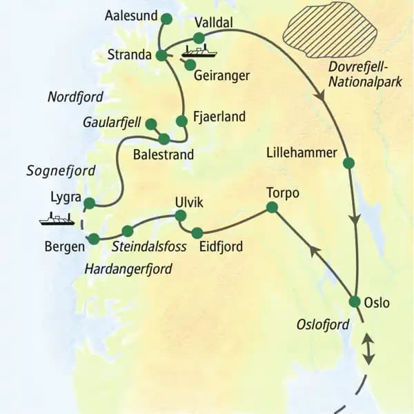 Auf dieser Studienreise entdecken Sie die Welt der Fjorde in Norwegen: von Oslo zum Hardangerfjord, Sognefjord und Geirangerfjordjord und Geirangerfjord.