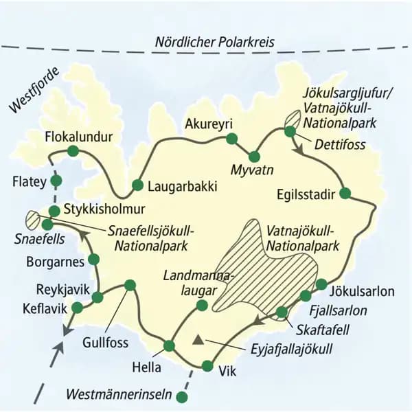 Unsere Reiseroute durch Island startet in Keflavik, führt in den Norden bis Akureyri und u. a. über Egisstadir, den Vatnajökull-Nationalpark, Skaftafell, Hella zurück nach Keflavik.