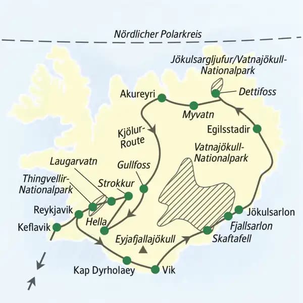 Unsere Studienreise durch Island startet in Reykjavik, führt uns über Vik, Skaftafell, Jökulsarlon, Detifoss, den Jökulsargljufur-Nationalpark, Akureyri, den Thingvellir-Nationalpark wieder zurück nach Reykjavik und Keflavik