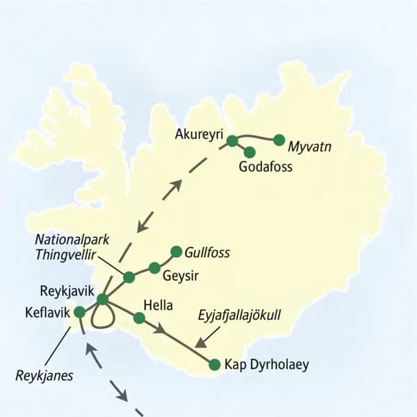 Die Stationen unserer Studienreise nach Island. Eine stimmungsvolle Nordlichtsafari durch die zauberhafte Landschafts Islands.