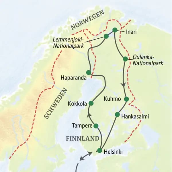 Auf unserer 15- bzw. 18-tägigen Studienreise Finnland - Herbstlaubfärbung im Norden reisen die Gäste von Finnland über den Polarkreis bis nach Inari.