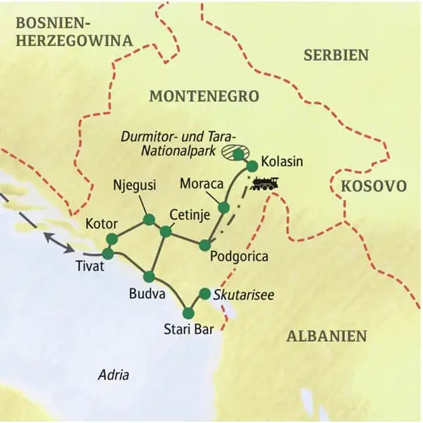 Unsere Rundreise durch Montenegro startet in Tivat und führt über Kotor und Kolasin. Auch die Königsstadt Cetinje und Budva sowie Stari Bar an der Küste erleben wir auf der Studienreise Montenegro - im Land der schwarzen Berge.