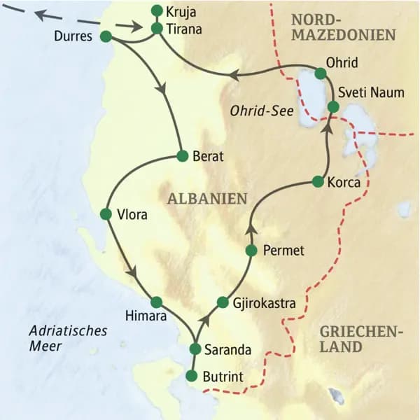 Die Reiseroute unserer zehntägigen Studienreise durch Albanien führt ab/bis Tirana durch das gesamte Land mit einem Abstecher nach Nordmazedonien.