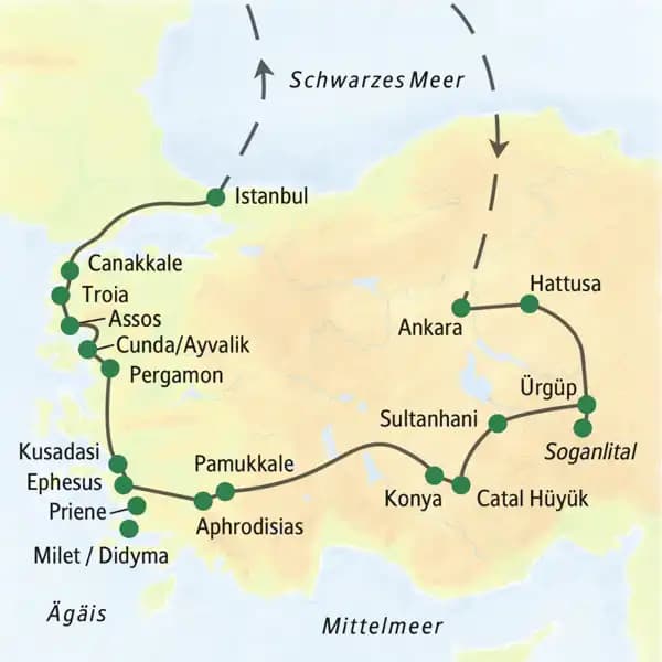 Unsere Reiseroute durch die Türkei startet in Ankara und führt u. a. über Hattusa, Soganlital, Konya, Pamukkale, Ephesus, Kusadasi, Pergamon, Troia und Canakkale nach Istanbul.