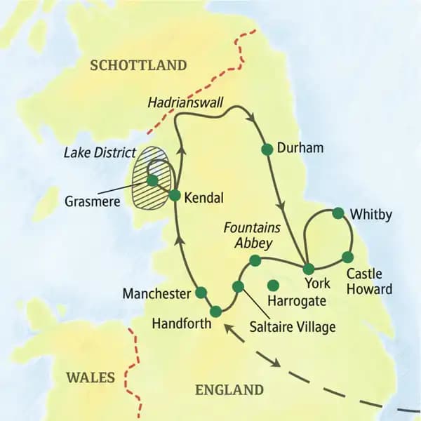 Die Reise beginnt am Flughafen von Manchester. Von dort fahren wir nach Kendal, am Rande des Lake Districts, dann vorbei am Hadrianswall und über Durham nach York, weiter u.a. nach Whitby und Saltaire Village bis zu unserer letzten Station Handforth.