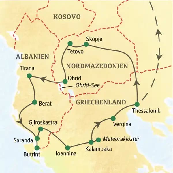 Unsere Rundreise zwischen Ägäis und Adria durch Albanien und Nordgriechenland beginnt in Thessaloniki, führt u.a. über Skopje, Ohrid, Berat Butrint und die Meteoraklöster zurück nach Thessaloniki.