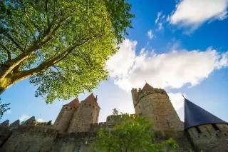 Eine alte Burg umgeben von grünen Bäumen und blauem Himmel.