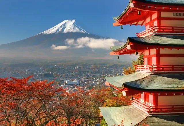 Der Fuji-Berg mit einer traditionellen Pagode und buntem Laub im Vordergrund.