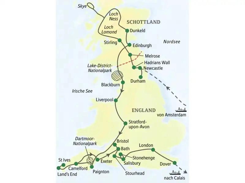 Eine Landkarte mit Reiseroute durch England und Schottland.