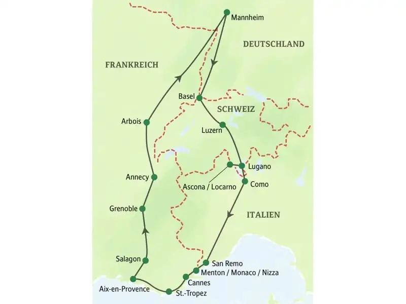 Eine Landkarte mit Reiseroute durch Deutschland, der Schweiz, Italien und Frankreich.