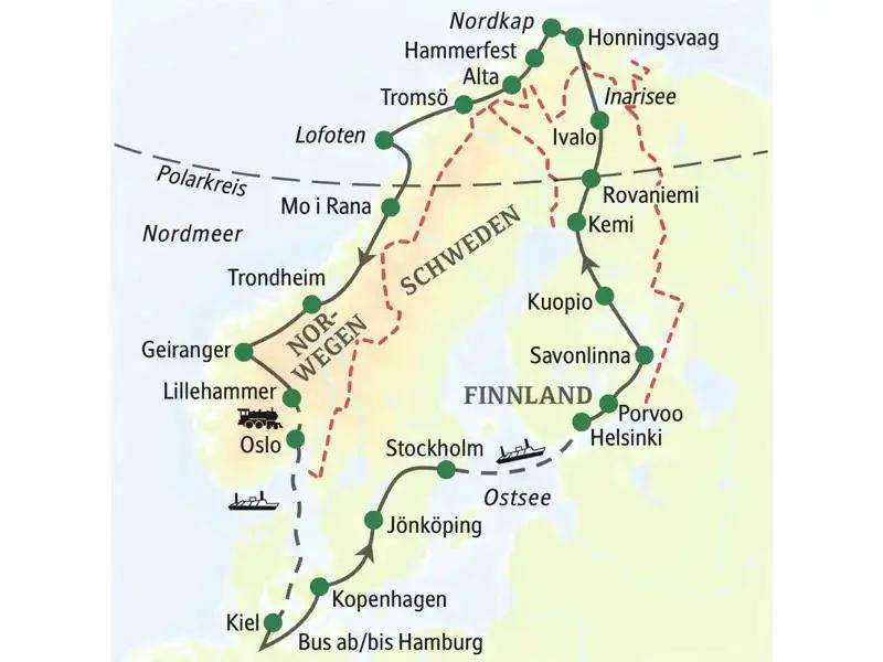 Eine Landkarte mit Reiseroute durch Deutschland, Schweden, Finnland und Norwegen.