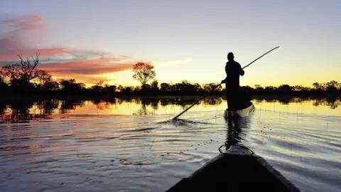 Wenn der Wasserstand es zulässt, sind wir während unserer Studiosus-Reise durch Botswana mit unseren einheimischen Bootsführern in einem Mokoro auf dem Okavango unterwegs.