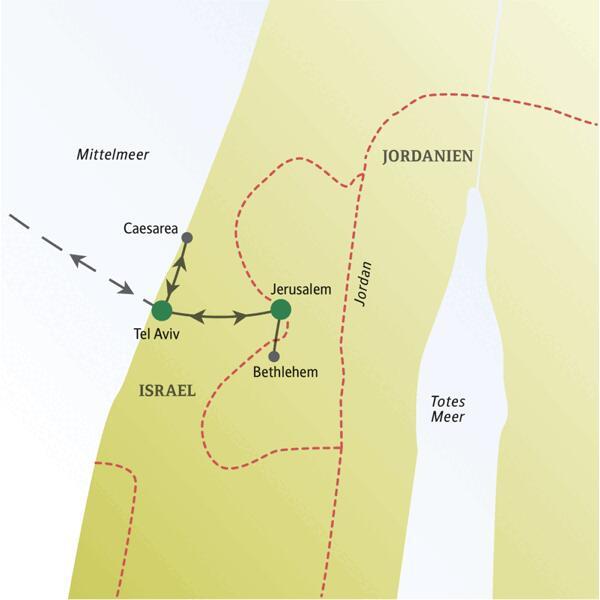 Unsere Reiseroute über Silvester für Singles und Alleinreisende führt uns nach Tel Aviv, Jerusalem, Caesarea und Bethlehem.