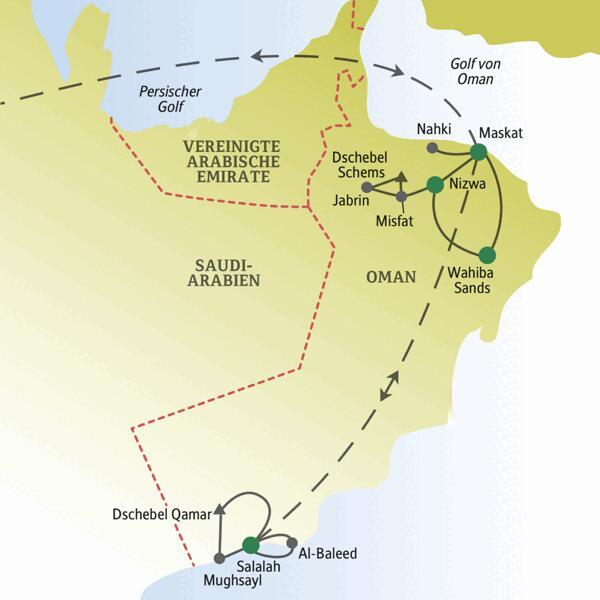 Bei unserer me & more-Reise für Singles und Alleinreisende in den Oman präsentieren wir ihnen neben der Hauptstadt Maskat und der Oasenstadt Nizwa auch die Wüste Wahiba Sands. Die Reise endet in Salalah, im Weihrauchland Dhofar.