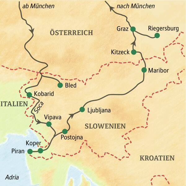Unsere Reise druch Slowenien und die Steiermark führt über BLed und Kobarid in den Julischen Aplen an die Adria nach Piran, über Postojna, Ljubljana und Kitzeck nach Graz, und schließlich in die Vulkanregion um die Riegersburg.