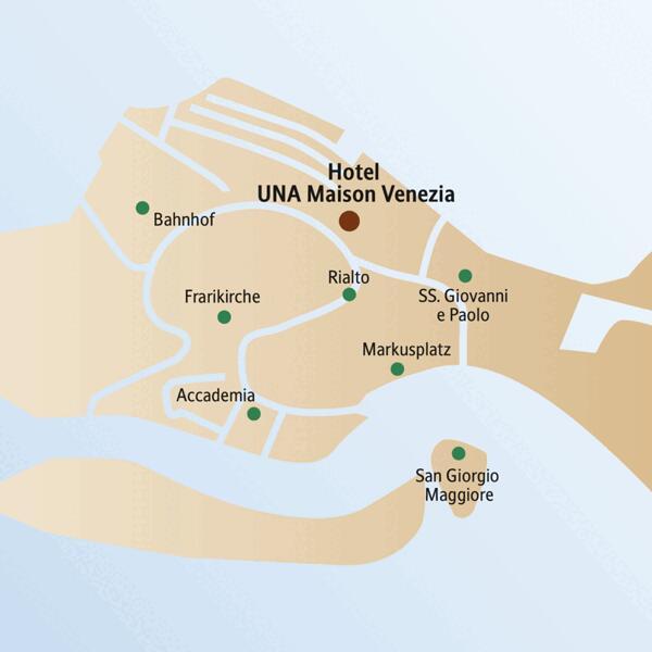 Auf diesem Stadtplan von Venedig ist die Lage der wichtigsten Sehenswürdigkeiten verzeichnet. Nicht weit von der Rialtobrücke liegt das Hotel UNA Maison Venezia - ein idealer Standort für Ihre CityLights-Städtereise nach Venedig.