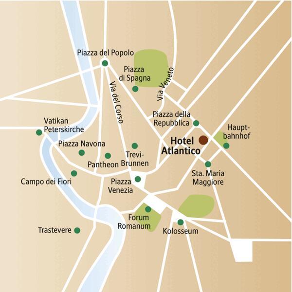 Der Stadtplan von Rom zeigt die wichtigsten Sehenswürdigkeiten, die wir auch auf der 6-tägigen Städtereise besuchen, sowie die zentrale Lage des Hotels Atlantico.