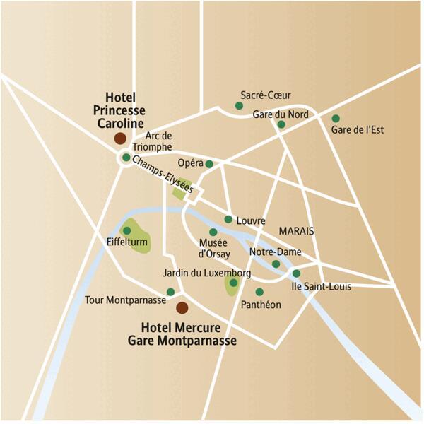 Auf dem Stadtplanausschnitt von Paris sehen Sie die beiden Hotels zur Auswahl für Ihre sechstägige Städtereise, das Princesse Caroline und das Mercure Gare Montparnasse.