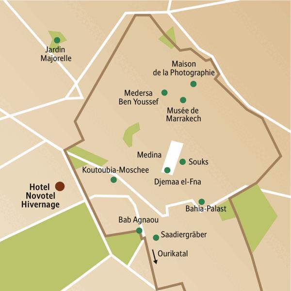 Der Stadtplan von Marrakesch mit den wichtigsten Stationen der Studiosus CityLights-Städtereise. Genießen Sie sechs Tage in Marrakesch und lassen Sie sich von den Farben und Düften des Orients verzaubern!