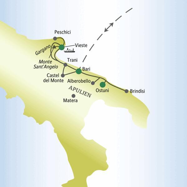 Auf der Singlereise nach Apulien besuchen wir unter anderem Ostuni, Vieste, Alberobello, Castel del Monte und Brindisi.
