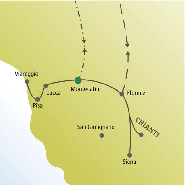 Die Karte der Toskana zeigt die Route der me & more-Reise, bei der wir von Montecatini aus die wichtigsten Höhepunkte der Region besuchen wie Viareggio, Siena oder Pisa.