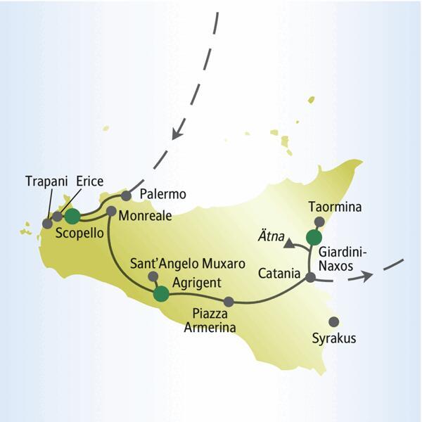 Die Studiosus-me&more-Reise für Singles und Alleinreisende nach Sizilien beginnt in Palermo und führt über Scopello, Monreale, Agrigent bis nach Catania. Auf Wunsch nehmen Sie an einem Ausflug nach Syrakus teil.