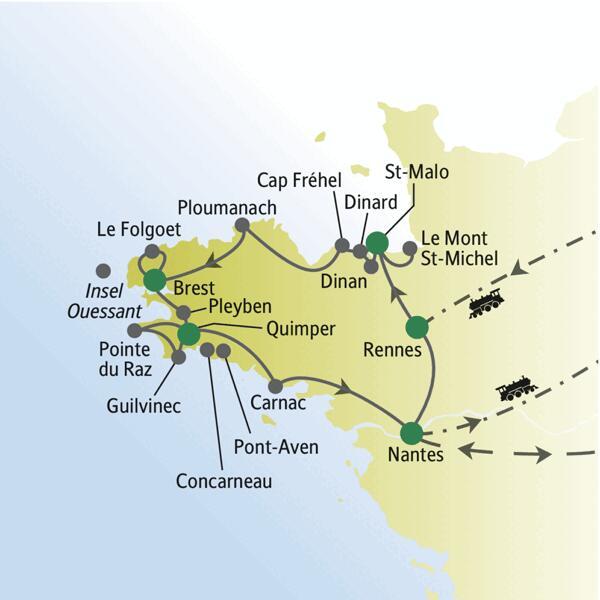 Unsere Reiseroute startet in Rennes und führt über St-Malo, Brest, Quimper nach Nantes.