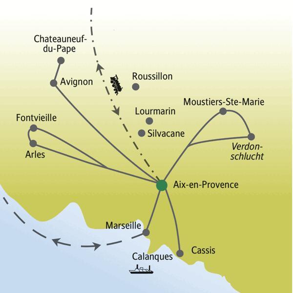 Vom bezaubernden Aix-en-Provence aus erkunden wir auf Tagesausflügen die schönsten Orte der Provence: Arles, Avignon und Cassis. Dazu auf Wunsch den Naturpark Luberon. Auch ein Ausflug in die spektakuläre Vedonschlucht steht auf dem Programm.